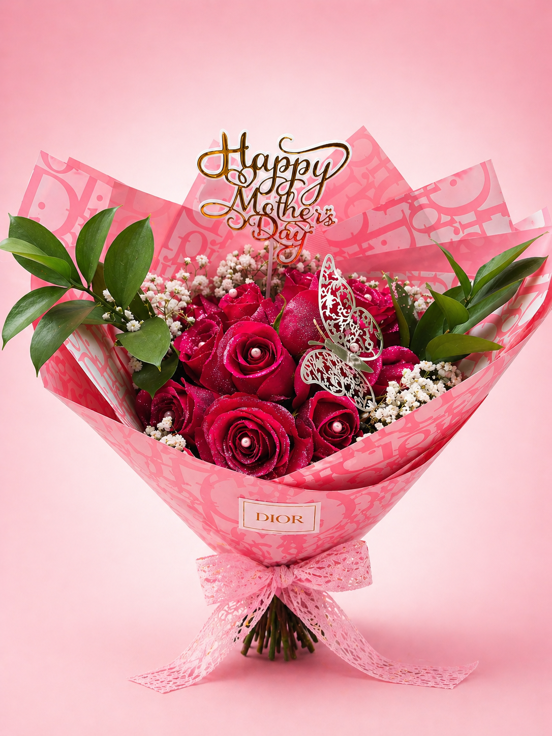 Pink Rose Bouquet in Dior Floral Paper